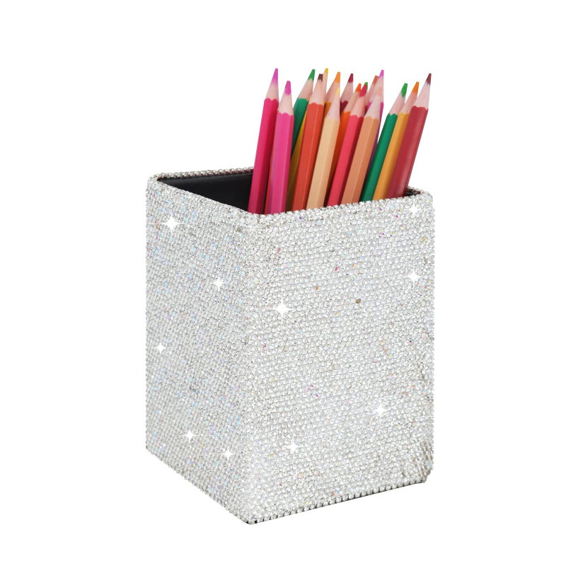 KEYPOWER Crystal Pencil Pot Holder Box Bling Rhinestone Pen Organizer Holder Cosmetic Pen Container Comb Brushes Personalized (Square White&AB Color) - Image 1
